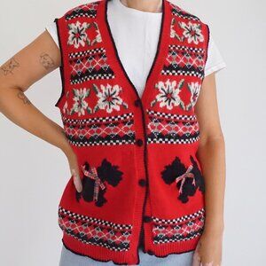Vintage Alfred Dunner Red Holiday Knit Vest Snowflake Scottie Dog Grandmacore L